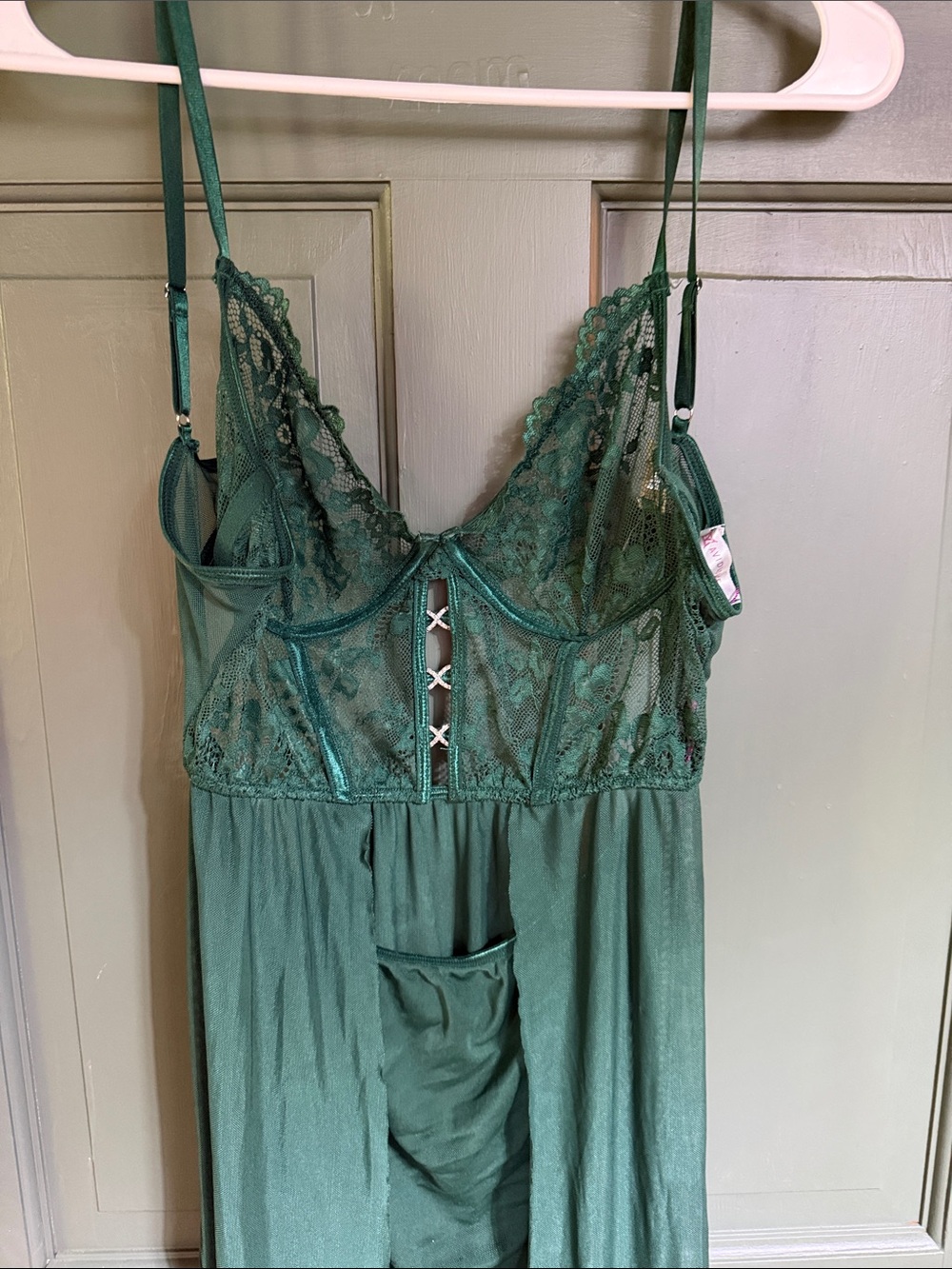 Delicate Lace & Satin Dark Green gown with Adjustable Straps